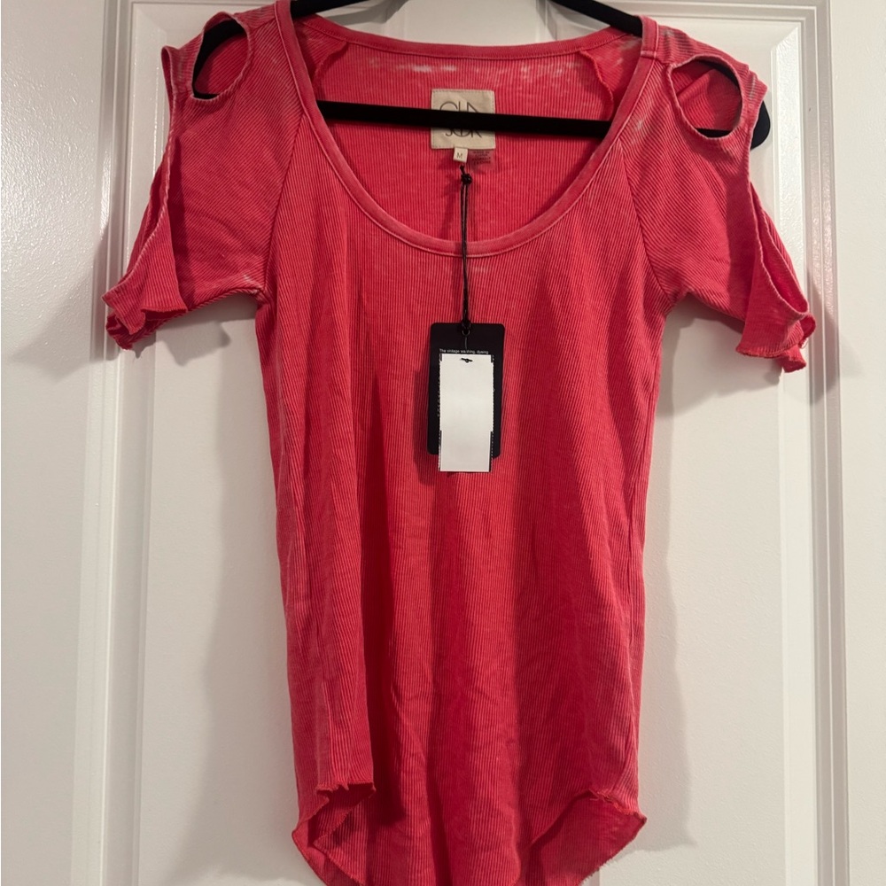 Chaser Short Sleeve Top with Shoulder Cut-Outs on a beautiful watermelon color